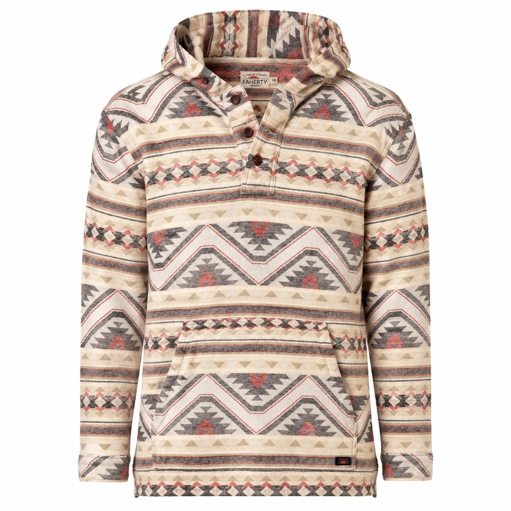 Faherty‎ Pacific Poncho Hoodie Cream Red Southwestern Geometric Pullover M